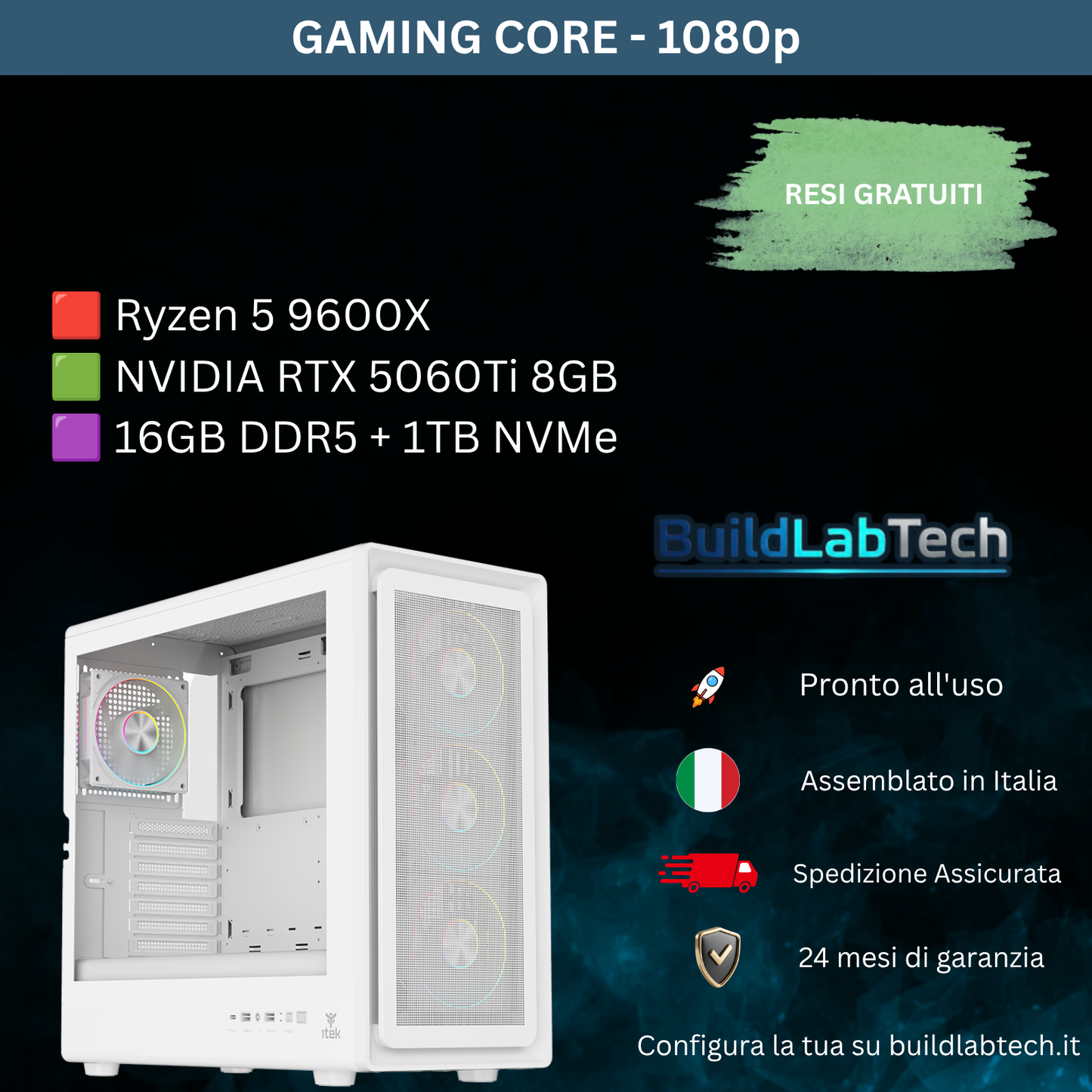 PC Gaming Ryzen 9600X RTX 5060 Ti 8GB, 16GB DDR5, SSD 1TB
