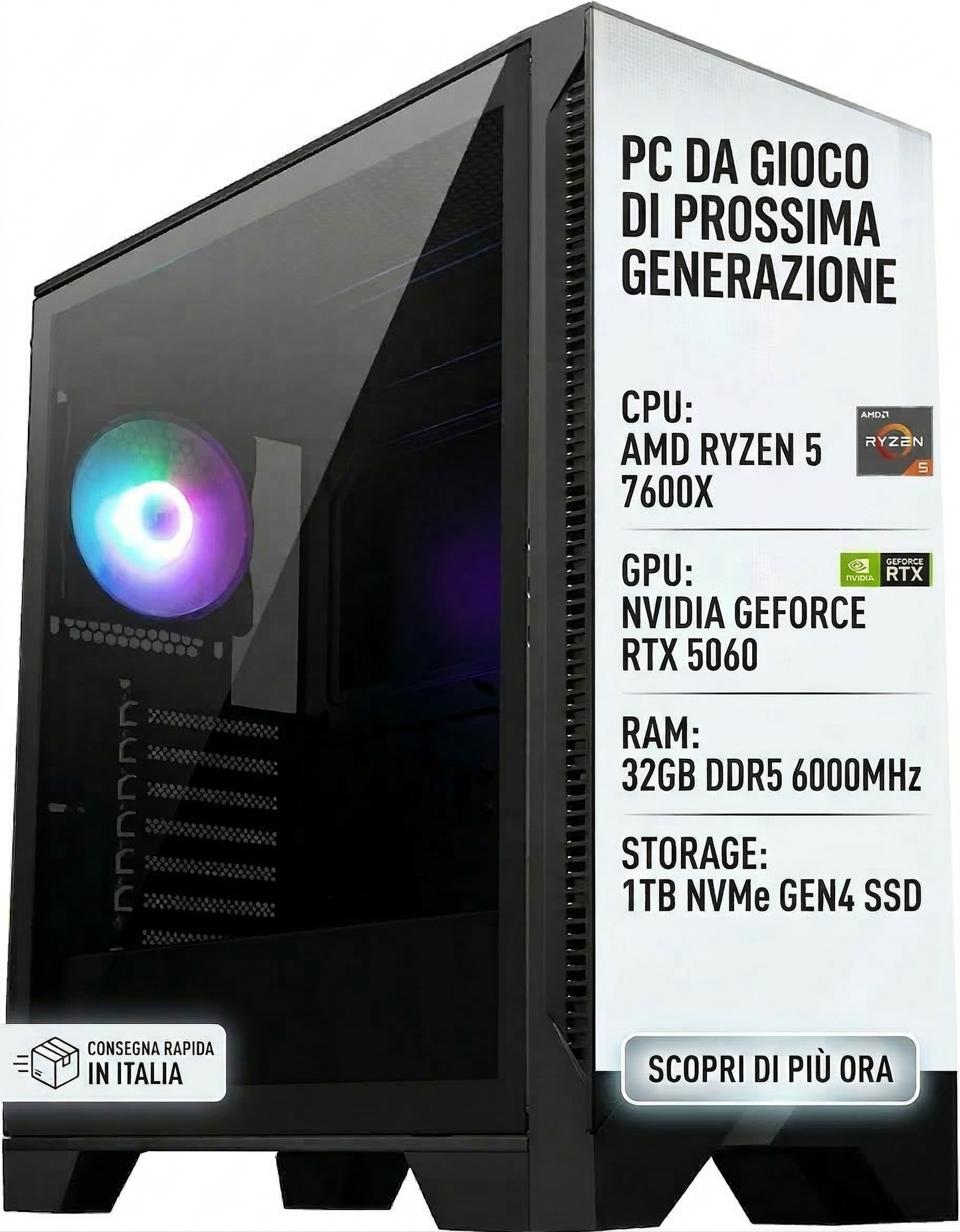 PC Gaming Assemblato Ryzen 5 7600X | RTX 5060 | 32GB DDR5