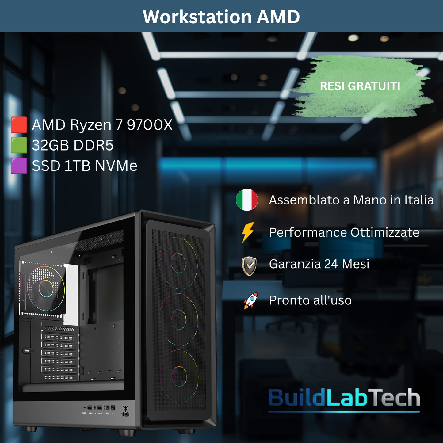 PC Workstation AMD Ryzen 7 9700X 32GB DDR5 1TB SSD Wi-Fi Win 11 Pro